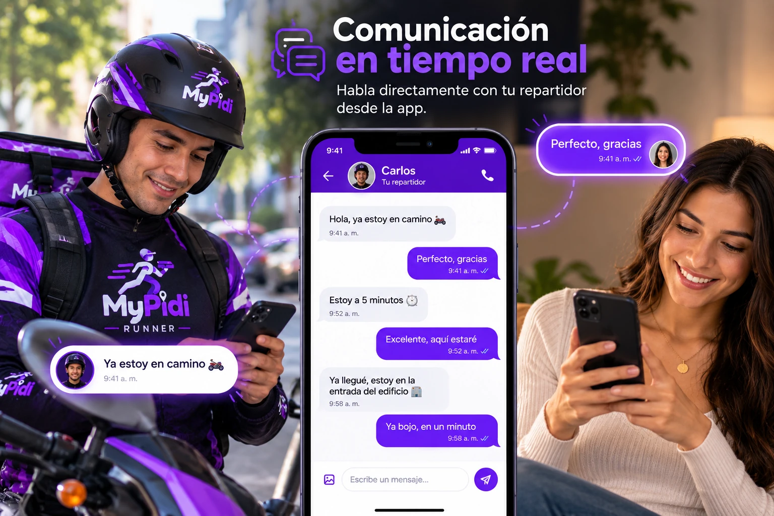 Ilustración de chat en vivo entre un cliente y su repartidor dentro de MyPidi
